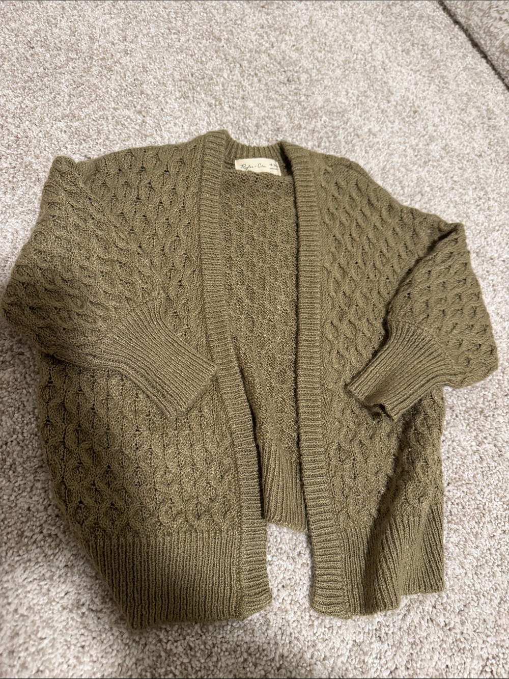 Olive Green Cable Knit Open Front Sweater Cardigan